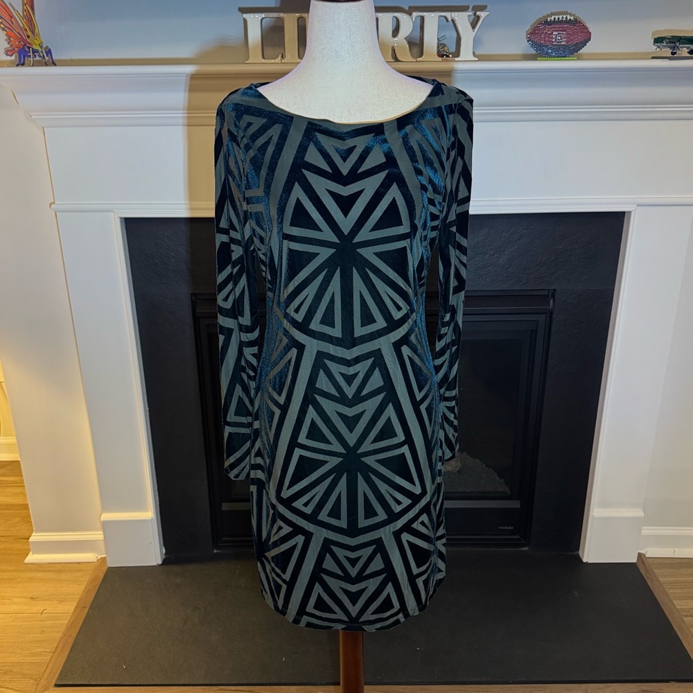 ✨ Vince Camuto Teal & Black Geometric Velvet Burnout Dress | Size 6